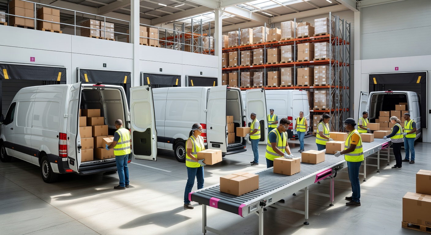 A modern 3PL fulfilment warehouse with racks of parcels and a worker scanning a box
